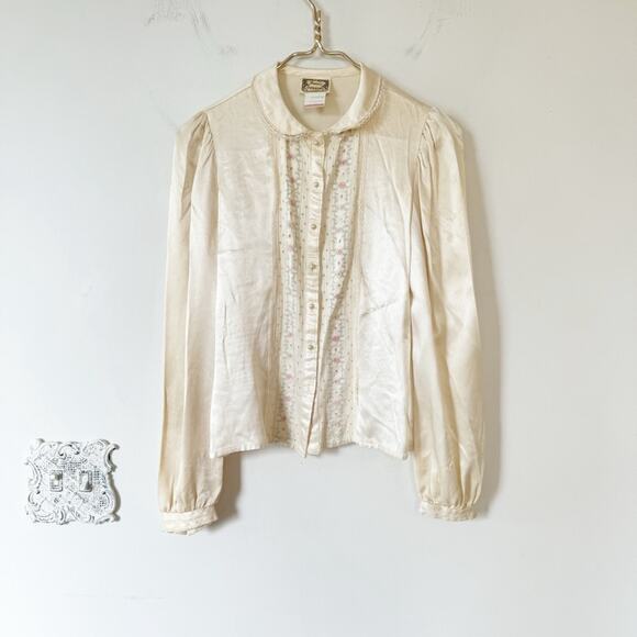Gunne Sax Jessica’s Gunnies Satin Pink Floral Lace Pearl Button Blouse 7/S - Picture 1 of 12